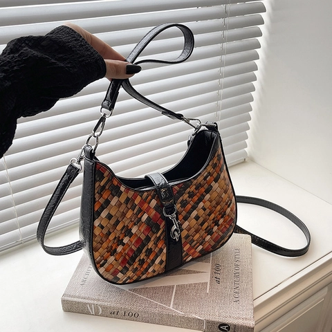 Borsa Hobo Intrecciata Da Donna In Pelle PU Colorata Intreccio Contrasto Borsa A Spalla Tracolla Vintage Stile Mezzaluna