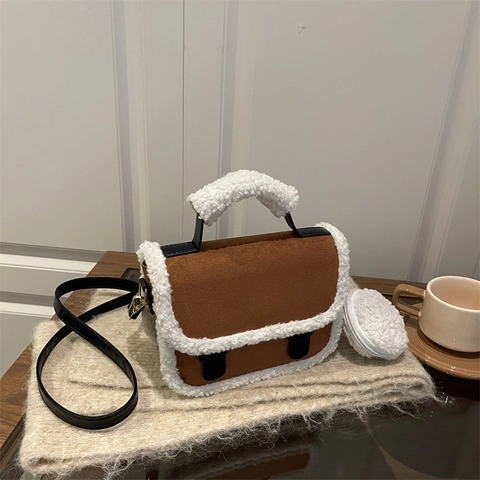 Sac Bandoulière Vintage En Daim Pour Femmes Avec Rabat En Patchwork De Fausse Laine D'Agneau Sac À Main Et Mini Porte-Monnaie Rond