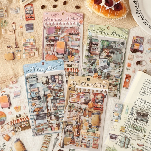 Vintage Viaggi Stile di Vita Impermeabile PET Adesivi Decorativi Illustrazioni Estetiche Dipinte a Mano per Journaling Scrapbooking DIY Planner Oggetti Retrò