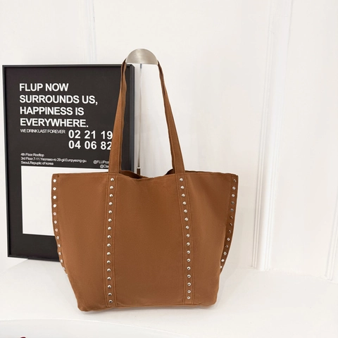 Grote Vintage Shopper Van Suède Stof Met Klinknagels Trendy Retro Schoudertas Met Magneetsluiting Casual Mode