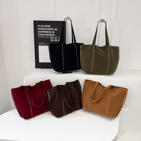 Grote Vintage Shopper Van Suède Stof Met Klinknagels Trendy Retro Schoudertas Met Magneetsluiting Casual Mode