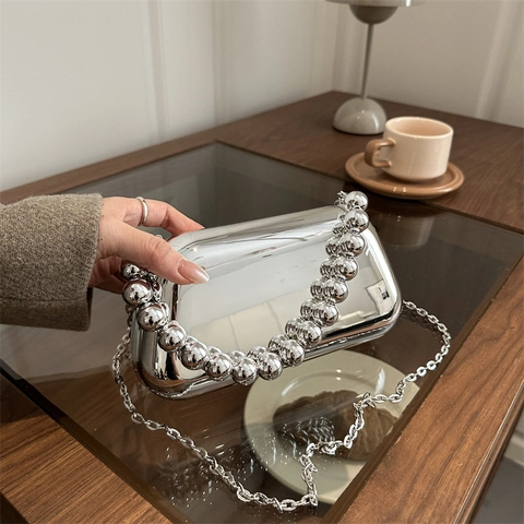 Women Acrylic Mirror Finish Evening Bag Gold Silver Chrome Box Clutch Crossbody Bag With Bead Handle And Metal Chain Strap