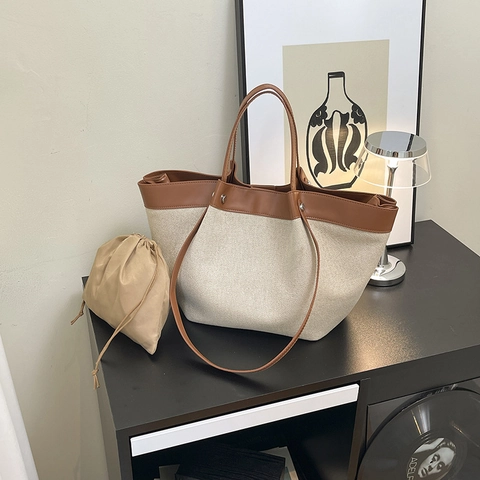 Borsa Tote Da Donna In Tela Con Finiture In Pelle Grande Capacità Borsa A Spalla E Pochette Interna Per Viaggi