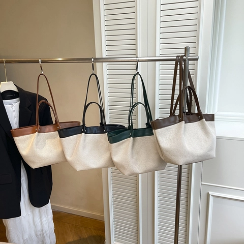 Borsa Tote Da Donna In Tela Con Finiture In Pelle Grande Capacità Borsa A Spalla E Pochette Interna Per Viaggi