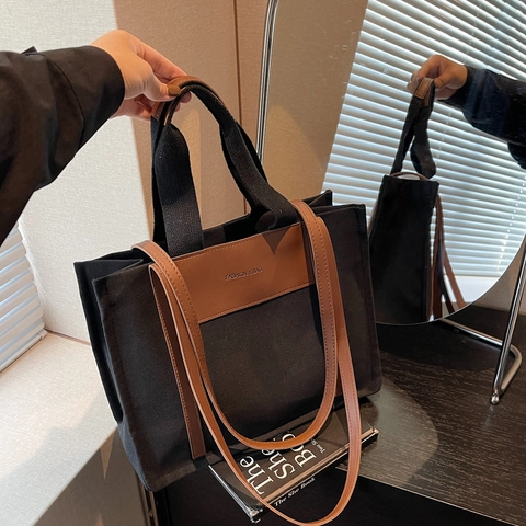 Borsa Tote In Tela Di Grande Capacità Con Finiture In Pelle PU Borsa A Spalla Da Donna Minimalista Colorblock Per Lavoro Viaggio