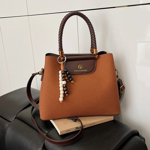 Damen Vintage PU Leder Tote Bag Webstruktur Handtasche Mit Großer Kapazität Perlenanhänger Schulter Umhängetasche Lässige Mode Geldbörse