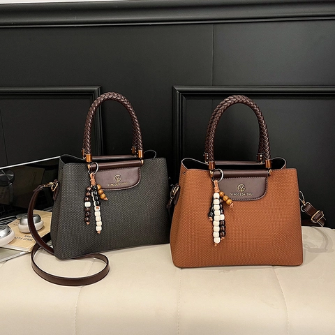 Damen Vintage PU Leder Tote Bag Webstruktur Handtasche Mit Großer Kapazität Perlenanhänger Schulter Umhängetasche Lässige Mode Geldbörse