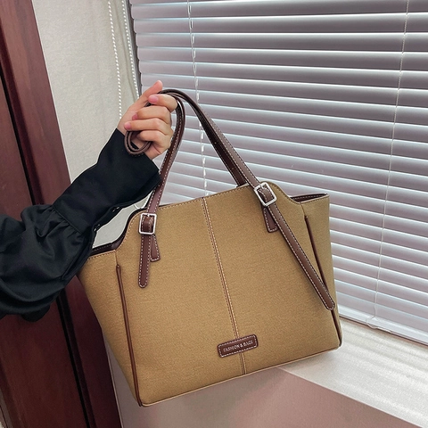 Borsa Tote Grande Pelle PU Tela Cuciture A Contrasto Tracolla Regolabile Retrò Lavoro Borsa A Spalla Donna