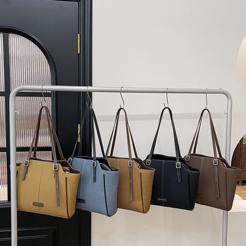 Borsa Tote Grande Pelle PU Tela Cuciture A Contrasto Tracolla Regolabile Retrò Lavoro Borsa A Spalla Donna