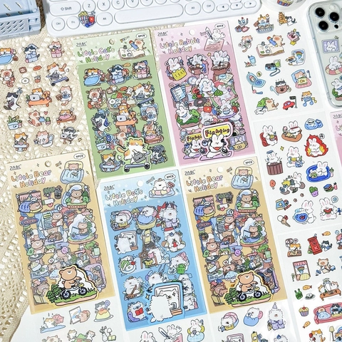 Cartoon Animal PET Waterproof Stickers Cute Cat Dog Rabbit Bear Decorative Decals For Scrapbooking DIY Journal Stationery