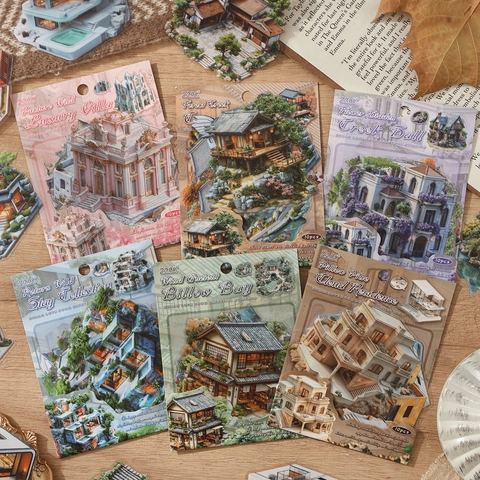 Vintage Dream House Building Series Decorative Stickers Waterproof PET Architecture Theme DIY Scrapbooking Material Supplies