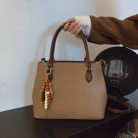 Sac À Main Femme En Cuir Pu Motif Lychee Grande Capacité Sac Fourre-tout Vintage Avec Gland En Perles Sac Bandoulière