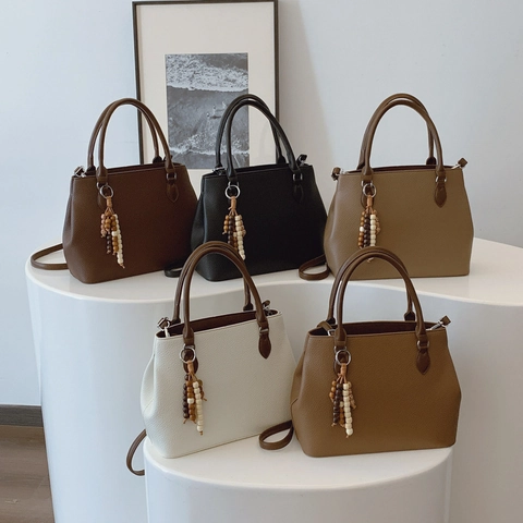 Sac À Main Femme En Cuir Pu Motif Lychee Grande Capacité Sac Fourre-tout Vintage Avec Gland En Perles Sac Bandoulière