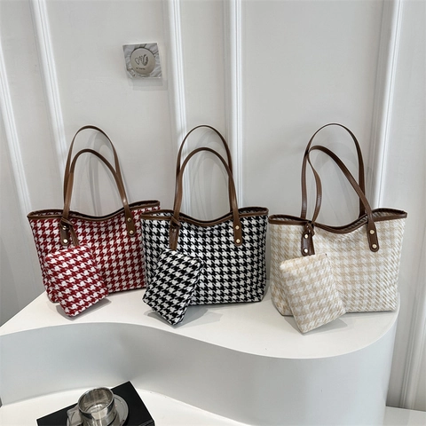 Women Large Capacity Houndstooth Tote Bag Set Vintage Woolen Shoulder Bag With Small Pouch Office Commute Casual Satchel