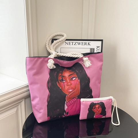 Women Fashion Nylon Tote Bag Large Capacity Printed African Woman Illustration Casual Shopping Bag With Thick Rope Handle Set