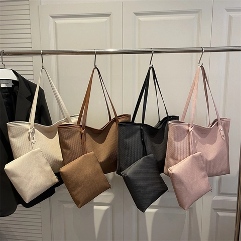 Women's Large Capacity Tote Bag And Small Pouch PU Leather Woven Texture Shoulder Bag Rivet Solid Color Casual Office Handbag