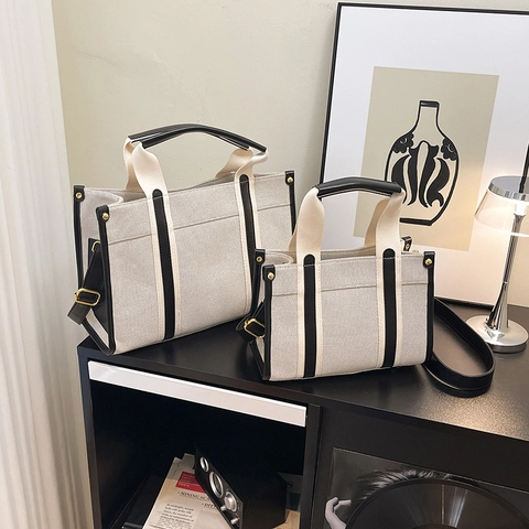 Borsa Tote In Tela Retro Con Bordi In Pelle A Contrasto Grande Capacità Borsa A Mano Tracolla Per Donna Casual
