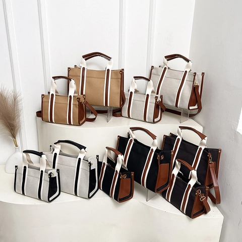 Borsa Tote In Tela Retro Con Bordi In Pelle A Contrasto Grande Capacità Borsa A Mano Tracolla Per Donna Casual