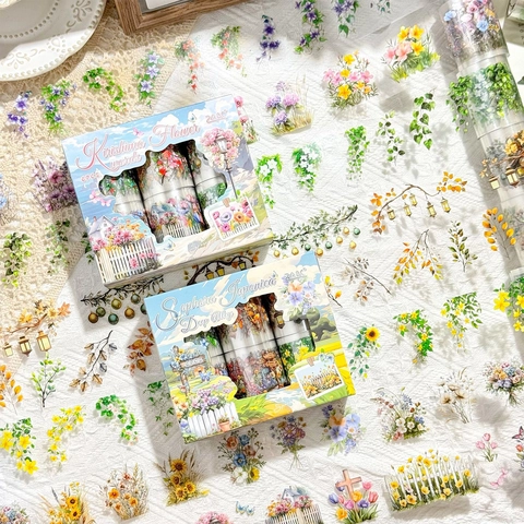 ZABC Lot de 6 Rouleaux de Ruban Décoratif en PET Floral Thème Jardin de Fleurs Vintage Washi Tape Découpé pour Scrapbooking Bricolage