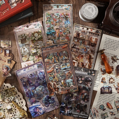 Set di Adesivi Impermeabili in PET Vintage Illustrazione Retrò Disegnata a Mano Scrapbooking Adesivi Decorativi DIY per Planner
