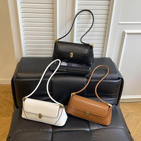 Niche Designer Baguette Bag For Women Retro PU Leather Underarm Shoulder Bag Minimalist Metal Lock Handbag