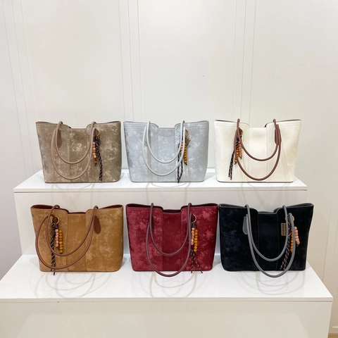 Large Capacity PU Leather Tote Bag Marble Texture Vintage Ethnic Bead Charm Women Shoulder Bag Office Commuter Handbag