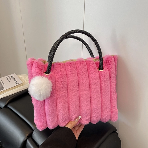 Borsa Tote In Peluche E Pelliccia Sintetica Da Donna Borsa A Mano Texture A Righe Con Manici Intrecciati Moda Invernale Morbida Grande Capacità