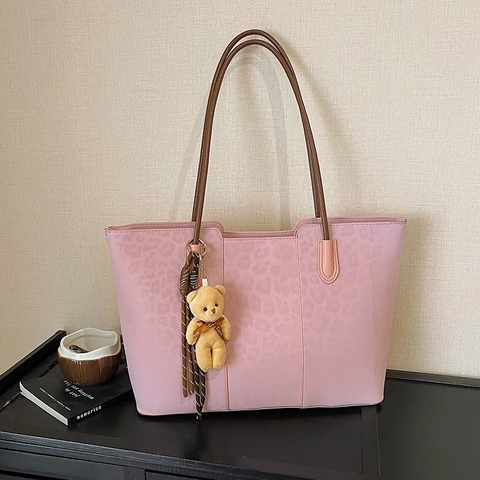 Dames Tote Tas Met Luipaardprint PU Leer Grote Capaciteit Schoudertas Met Teddybeer Hanger Mode Forens Retro