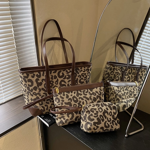 Dames Luipaardprint Tote Bag Set Canvas PU Lederen Trim Geblokt Hahnentritt Schoudertas Pouch En Cosmetische Tas Handtas