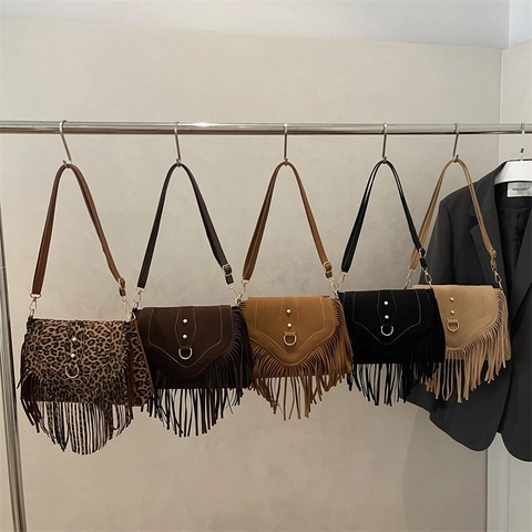 Bohemian Faux Suede Tassel Crossbody Saddle Bag For Women Retro Rivet Shoulder Bag Leopard Brown Black Khaki Coffee Top