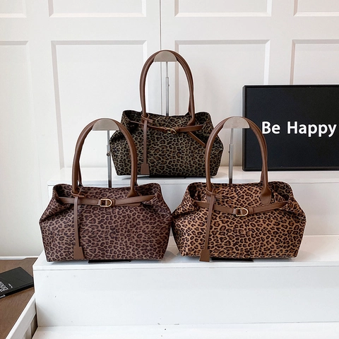 Borsa Tote Grande Capacità Vintage con Stampa Leopardata da Donna Borsa in Tessuto Composito con Doppi Manici in Pelle