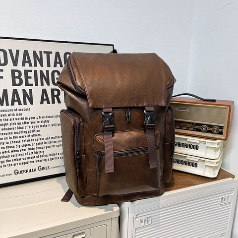 Herren Vintage Rucksack PU Leder Große Kapazität Klappdeckel Doppel Schnalle Wasserdicht Casual Reise Laptop Tasche Trendy