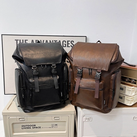 Herren Vintage Rucksack PU Leder Große Kapazität Klappdeckel Doppel Schnalle Wasserdicht Casual Reise Laptop Tasche Trendy