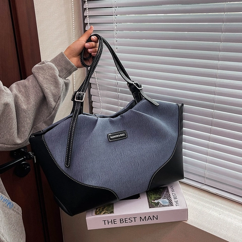Μεγάλη Τσάντα Tote Patchwork PU Δέρμα Με Αντίθεση Ραφές Vintage Τσάντα Ώμου Για Γυναίκες Καθημερινή