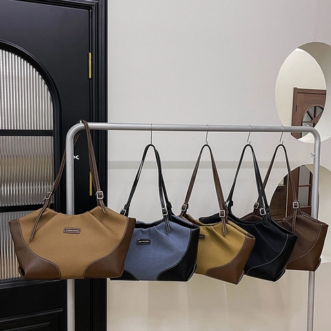 Μεγάλη Τσάντα Tote Patchwork PU Δέρμα Με Αντίθεση Ραφές Vintage Τσάντα Ώμου Για Γυναίκες Καθημερινή
