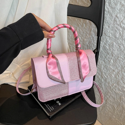Women Crossbody Bag PU Leather Glitter Patchwork Small Square Handbag With Scarf Handle Fashion Versatile Shoulder Bag