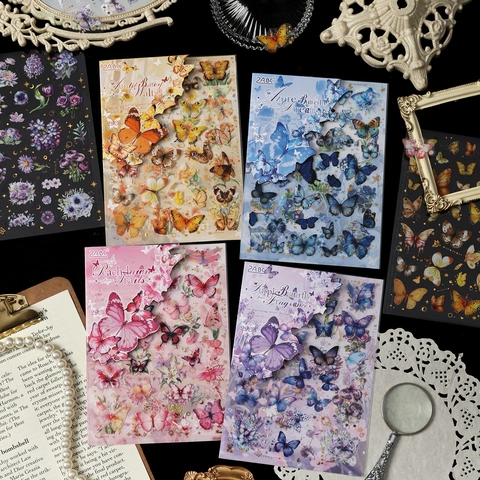 Vintage Vlinder Bloem PET Stickers Goudstempelen Waterdichte Decoratieve Decals Voor Scrapbooking Journaling DIY Craft