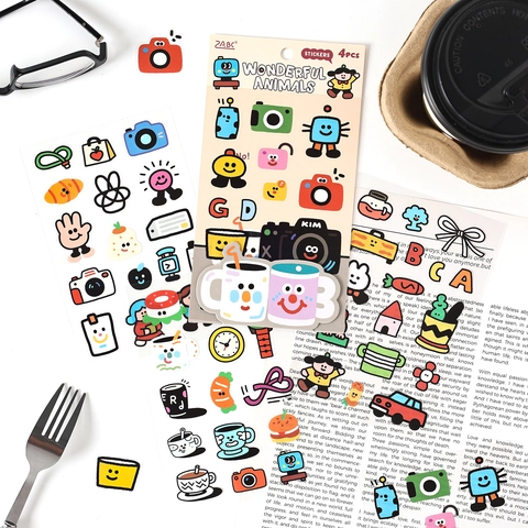 Cute Cartoon Doodle PET Stickers For DIY Scrapbooking Journaling Decor Anthropomorphic Animals And Food Style Stickers
