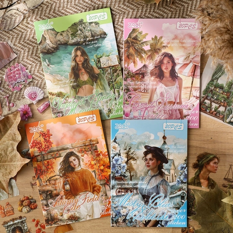 Pegatinas De PET Estéticas Vintage Cuatro Estaciones Retro Chica Paisaje Impermeables Calcomanías Decorativas Suministros De Scrapbooking