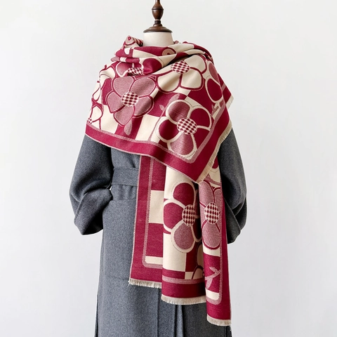 Women Warm Shawl Scarf Faux Cashmere Polyester Double Sided Floral Checkerboard Print Tassel Hem Wraps Winter