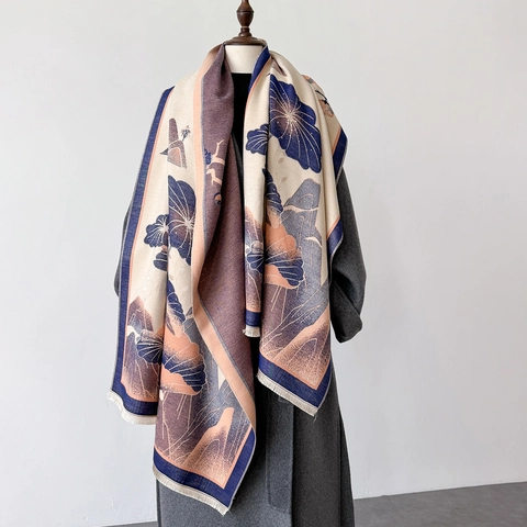 Schal Stola Mit Lotosblumen Muster Kaschmir Imitat Verdickt Warm Wintertuch Chinesischer Stil Landschaft Quaste Elegant Für Damen