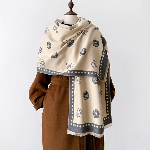 Elegant Camellia Flower Pattern Winter Scarf Shawl Faux Cashmere Polyester Thick Warm Polka Dot Fringe Retro Women Wrap