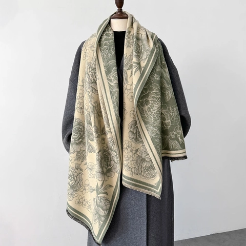 Sciarpa Invernale In Imitazione Cashmere Con Stampa Di Peonia Per Donna Elegante Scialle Caldo Con Frange Morbido