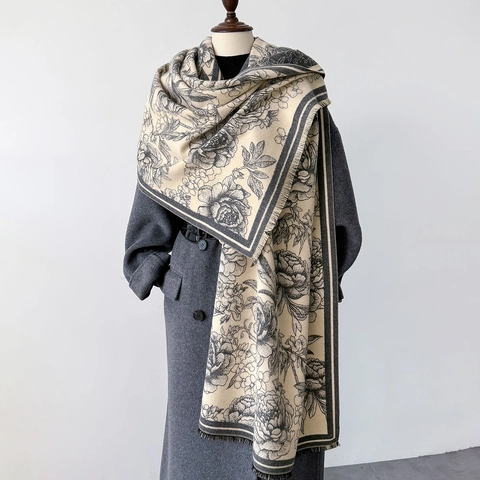 Sciarpa Invernale In Imitazione Cashmere Con Stampa Di Peonia Per Donna Elegante Scialle Caldo Con Frange Morbido