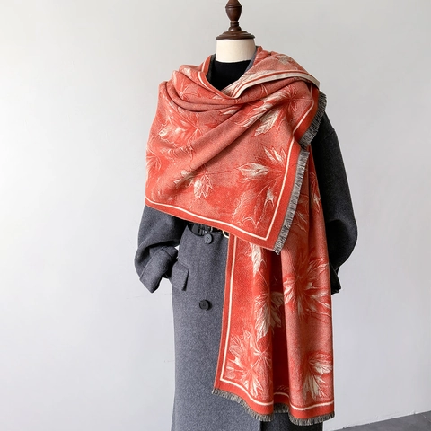 Maple Leaf Pattern Scarf Imitation Cashmere Large Shawl With Tassels Warm Thick Winter Wrap Elegant Fashion Scarf