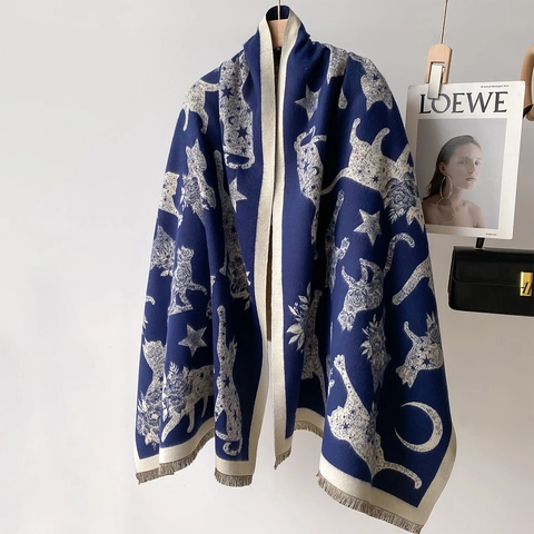 Sciarpa Scialle Invernale In Finto Cashmere Da Donna Stampa Gatto Stella Luna Caldo Spesso Nappine Doppia Faccia Elegante Retro