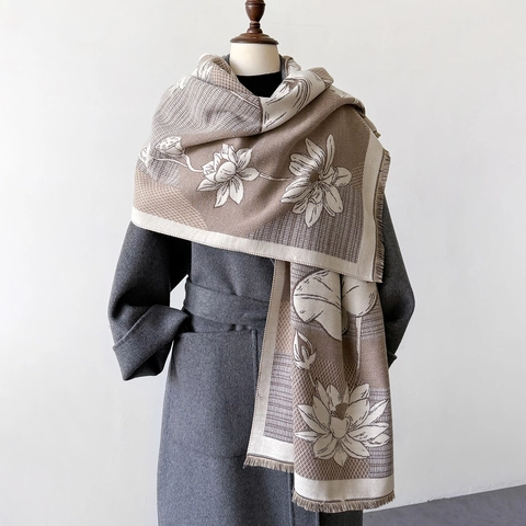 Vintage Lotus Print Imitation Cashmere Scarf Thick Warm Winter Shawl With Fringe Elegant Chinese Style Wrap