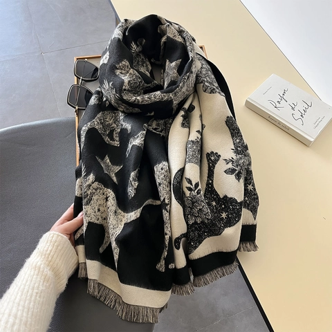 Sciarpa Scialle Invernale In Finto Cashmere Da Donna Stampa Gatto Stella Luna Caldo Spesso Nappine Doppia Faccia Elegante Retro