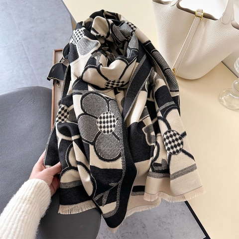 Women Warm Shawl Scarf Faux Cashmere Polyester Double Sided Floral Checkerboard Print Tassel Hem Wraps Winter