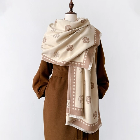 Elegant Camellia Flower Pattern Winter Scarf Shawl Faux Cashmere Polyester Thick Warm Polka Dot Fringe Retro Women Wrap